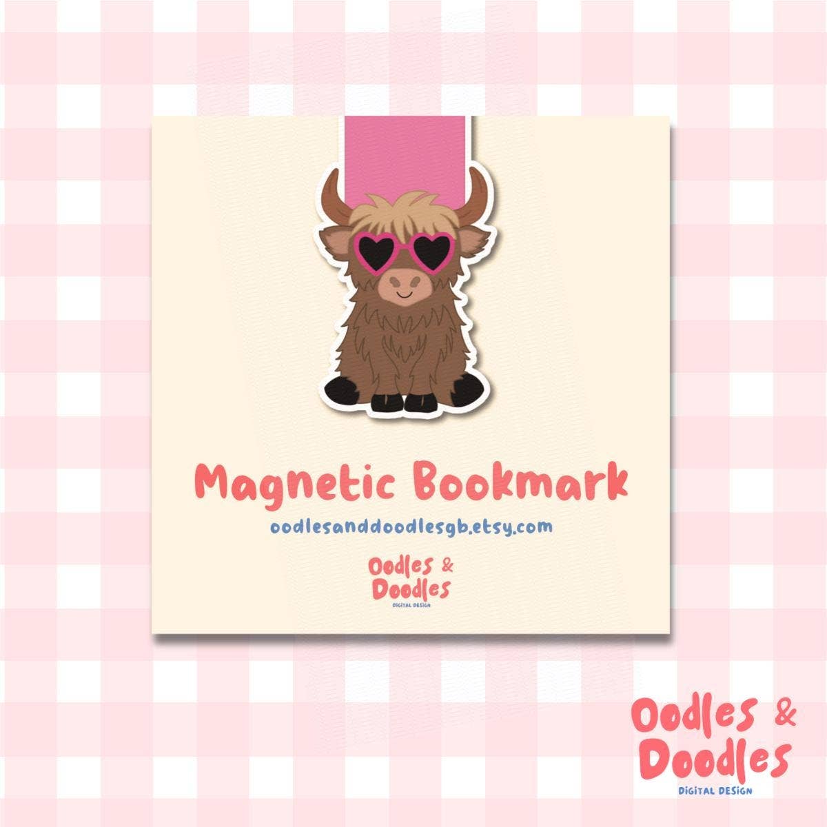 Pink Heart Sunglasses Highland Cow Magnetic Bookmark