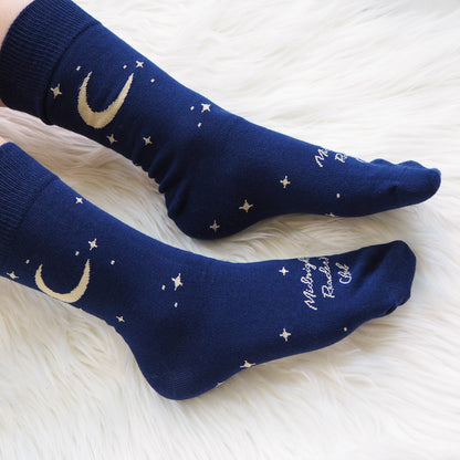 Midnight Readers Club Book Lover Blue Cotton Socks Moon Star