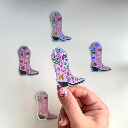 Holographic Sticker | Glitter Pink Cowgirl Cowboy Boot Rodeo