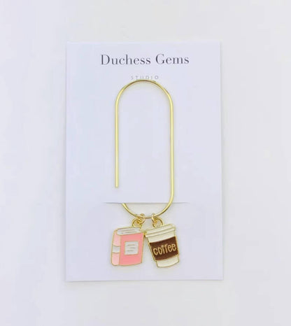 Pink Book And Coffee Charm Book Paperclip, Bookish Bookmark