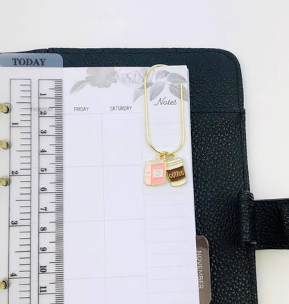 Pink Book And Coffee Charm Book Paperclip, Bookish Bookmark