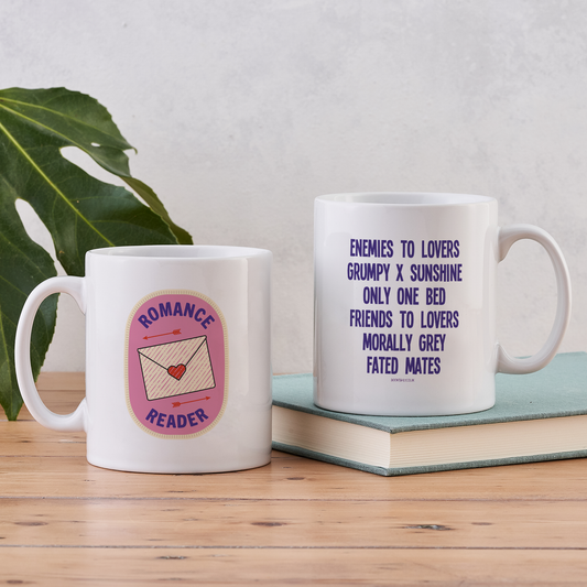 Romance Reader Mug – Book Lover Gift with Romance Tropes
