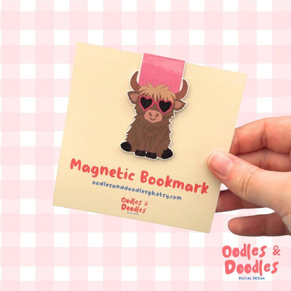 Pink Heart Sunglasses Highland Cow Magnetic Bookmark