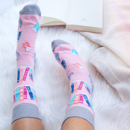 Book Lover Bookish Literary Pink Blue Purple Cotton Socks