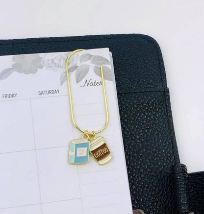 Blue Book And Coffee Charm Book Paperclip, Bookish Bookmark