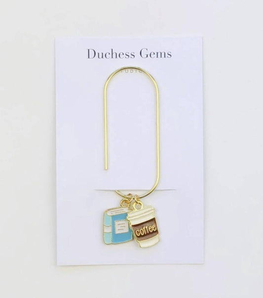 Blue Book And Coffee Charm Book Paperclip, Bookish Bookmark