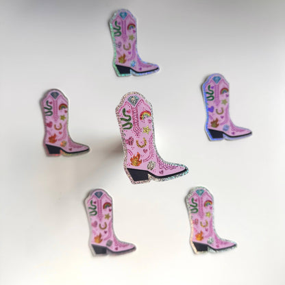 Holographic Sticker | Glitter Pink Cowgirl Cowboy Boot Rodeo